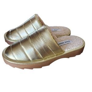 Steve Madden Chex Gold Metallic Quilted Slippers Faux Fur Lining Size 6 NIB